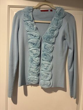 Light Blue Floral Trim Women's Cardigan Sweater